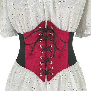 Wide corset Red velvet lace up Belt Underbust elastic Waist whimsigoth vamp
